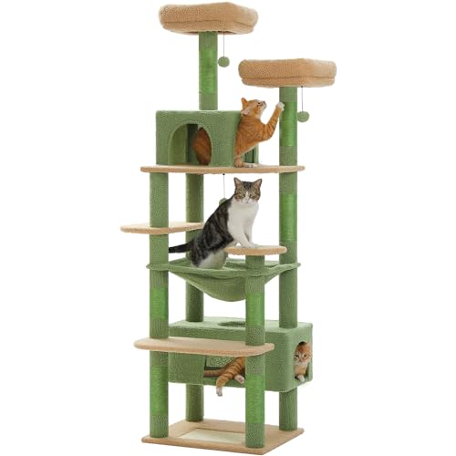 PAWZ Road Kratzbaum Grosse Katzen Stabil, 184 cm Kaktus kratzbaum für große Katzen, mit Hängematte, 7 Sisalpfosten, großer Sitzstange, Höhle, Körben, kratzbaum hoch für Indoor-Katzen, Grün von PAWZ Road