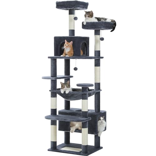 PAWZ Road Kratzbaum Grosse Katzen Stabil, 184 cm kratzbaum für große Katzen, mit Hängematte, 7 Sisalpfosten, großer Sitzstange, Höhle, Körben, kratzbaum hoch für Indoor-Katzen, Dunkelgrau von PAWZ Road
