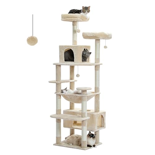 PAWZ Road Kratzbaum Grosse Katzen Stabil, 184 cm kratzbaum für große Katzen, mit Hängematte, 7 Sisalpfosten, Großer Sitzstange, Höhle, Körben, kratzbaum hoch für Indoor-Katzen, Beige von PAWZ Road