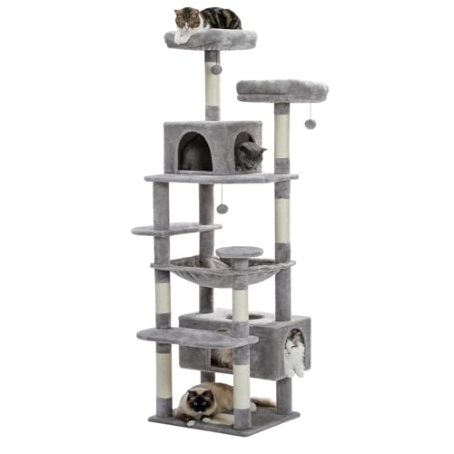 PAWZ Road Großer Kratzbaum, 184 cm großer Katzenturm für große Katzen, Katzenhaus mit Sisal-bezogenen Kratzbäumen und Polstern, 2 gepolsterten Sitzstangen, Doppelhaus und Korb für Hauskatzen – grau von PAWZ Road