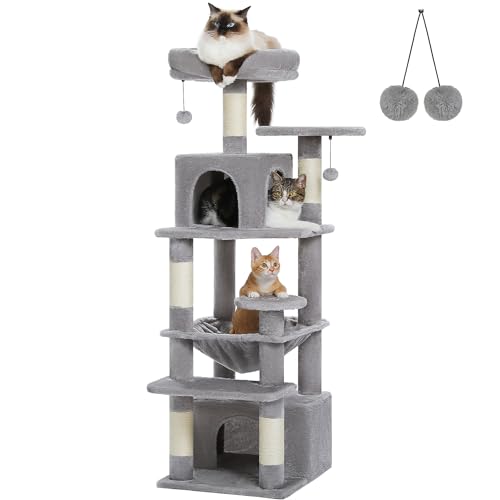 PAWZ Road Großer Kratzbaum, 136 cm Katzenturm für große Katzen, Katzenhaus mit Sisal-bezogenen Kratzbäumen und Polstern, 2 gepolsterten Sitzstangen, Doppelhaus und Korb für Hauskatzen – grau, klein von PAWZ Road