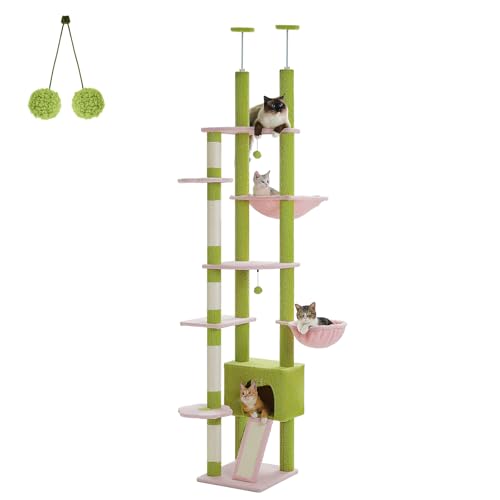 PAWZ Road Hoch Katzenbaum, Deckenhoher Katzenbaumturm verstellbar mit Katzenhöhle, Katzenhängematte und Kratzbaum, Kletterbaum für große Hauskatzen, Rosa von PAWZ Road