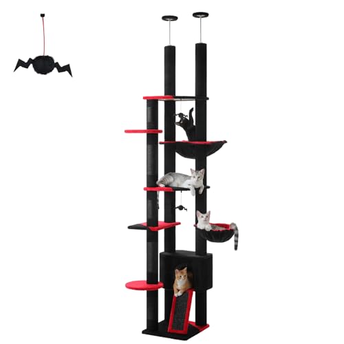 PAWZ Road Hoch Katzenbaum, Deckenhoher Katzenbaumturm verstellbar mit Katzenhöhle, Katzenhängematte und Kratzbaum, Kletterbaum für große Hauskatzen, Schwarz von PAWZ Road
