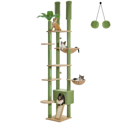 PAWZ Road Hoch Katzenbaum Kaktus, Deckenhoher Katzenbaumturm verstellbar mit Katzenhöhle, Katzenhängematte und Kratzbaum, Kletterbaum für große Hauskatzen, Grün von PAWZ Road