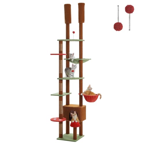 PAWZ Road Hoch Katzenbaum Pilz, Deckenhoher Katzenbaumturm verstellbar mit Katzenhöhle, Katzenhängematte und Kratzbaum, Kletterbaum für große Hauskatzen, Braun von PAWZ Road