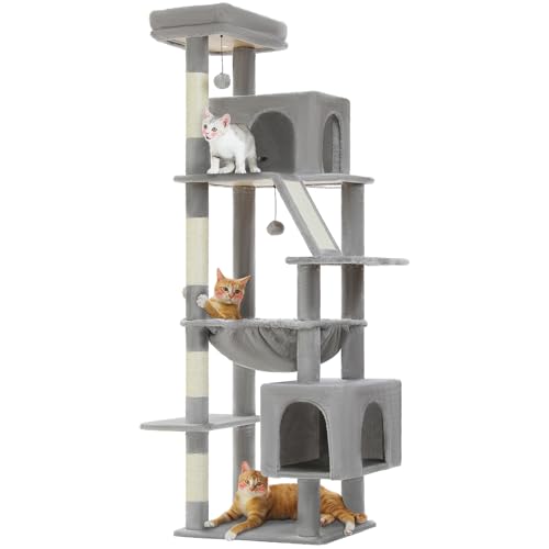 PAWZ Road Hoch Kratzbaum für große Katzen,Robuster Katzenturm mit extragroßer Hängematte, 4 Sisal-Kratzbäumen und 2 geräumigen Katzenhäusern, Ideal für Maine-Coon-Katzen,180cm, Grau von PAWZ Road