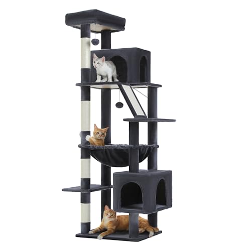 PAWZ Road Hoch Kratzbaum für große Katzen,Robuster Katzenturm mit extragroßer Hängematte, 4 Sisal-Kratzbäumen und 2 geräumigen Katzenhäusern,Ideal für Maine-Coon-Katzen,180cm, Dunkelgrau von PAWZ Road