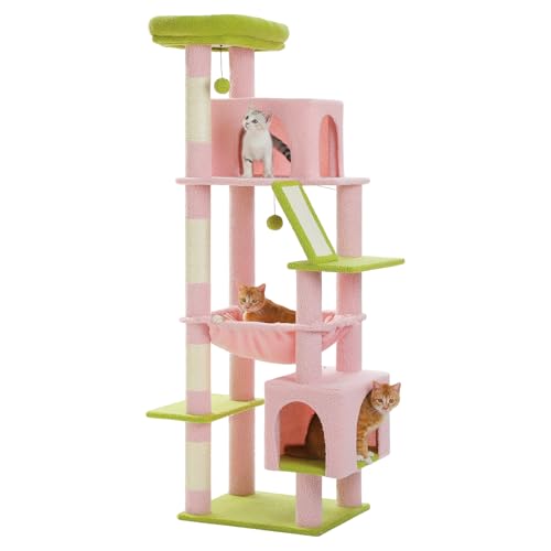 PAWZ Road Hoch Kratzbaum für große Katzen,Robuster Katzenturm mit extragroßer Hängematte, 4 Sisal-Kratzbäumen und 2 geräumigen Katzenhäusern,Ideal für Maine-Coon-Katzen,180cm, Rosa von PAWZ Road