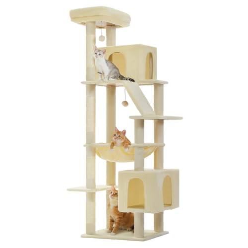 PAWZ Road Hoch Kratzbaum für große Katzen,Robuster Katzenturm mit extragroßer Hängematte,4 Sisal-Kratzbäumen und 2 geräumigen Katzenhäusern,Ideal für Maine-Coon-Katzen,180cm, Beige von PAWZ Road