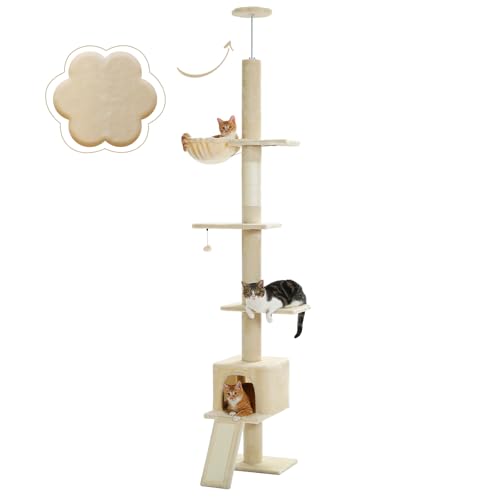 PAWZ Road Kratzbaum deckenhoch, Katzenbaum vom Boden bis zur Decke verstellbar, höhenverstellbar (216-273cm), Katzenturm mit Hängematte und Katzenhöhle, Anti-Sturzgurt Beige von PAWZ Road