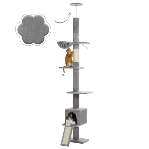 PAWZ Road Kratzbaum deckenhoch, Katzenbaum vom Boden bis zur Decke verstellbar, höhenverstellbar (216-273cm), Katzenturm mit Hängematte und Katzenhöhle, Anti-Sturzgurt Grau von PAWZ Road