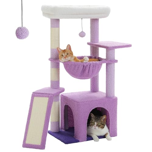 PAWZ Road Kaktus-Katzenbaum für Hauskatzen mit super großer Höhle, 1 Sisalbrett, 3 Kratzstämme, mit großer Hängematte und Sitzstange, 90 cm, Lila von PAWZ Road