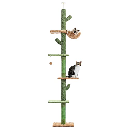 PAWZ Road Kaktus Kratzbaum Boden bis zur Decke Katzenturm mit Einstellbarer Höhe (229-275cm), 5 Tiers Cat Climbing Activity Center mit gemütlichen Hängematte, Plattformen und baumelnden Kugeln von PAWZ Road