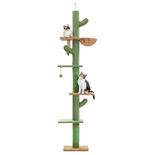 PAWZ Road Kaktus Kratzbaum Boden bis zur Decke Katzenturm mit Einstellbarer Höhe (229-275cm), 5 Ebenen Katzenturm mit gemütlichen Hängematte, Plattformen und baumelnden Kugeln von PAWZ Road