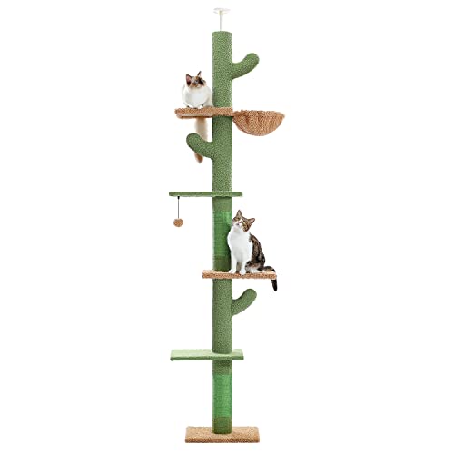 PAWZ Road Kaktus Kratzbaum Boden bis zur Decke Katzenturm mit Einstellbarer Höhe (229-275cm), 5 Tiers Cat Climbing Activity Center mit gemütlichen Hängematte, Plattformen und baumelnden Kugeln von PAWZ Road