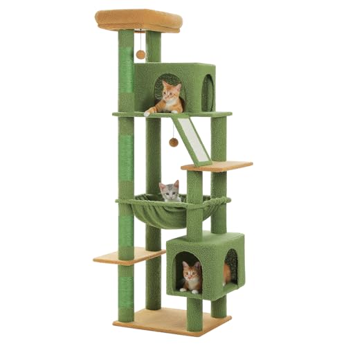 PAWZ Road Kaktus Kratzbaum für große Katzen,Robuster Katzenturm mit extragroßer Hängematte, 4 Sisal-Kratzbäumen und 2 geräumigen Katzenhäusern, Ideal für Maine-Coon-Katzen,180cm, Grün von PAWZ Road