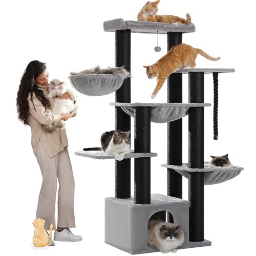 PAWZ Road Katzbaum für Große Katzen, Robuste Katzenturm mit Mehreren Ebenen, Katzenhaus-Kletterbaum mit Hängematte, 11 Sisalpfosten, Großer Sitzstange, Höhle, Körben, 169 cm, Schwarz von PAWZ Road