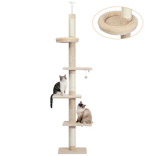 PAWZ Road Katzenbaum, 5-stöckig, von Boden bis Decke, höhenverstellbar, hohes Katzenkletter-Aktivitätszentrum mit Kratzbaum, gemütliches Bett, baumelnder Ball für Indoor-Katzen/Kätzchen Beige von PAWZ Road