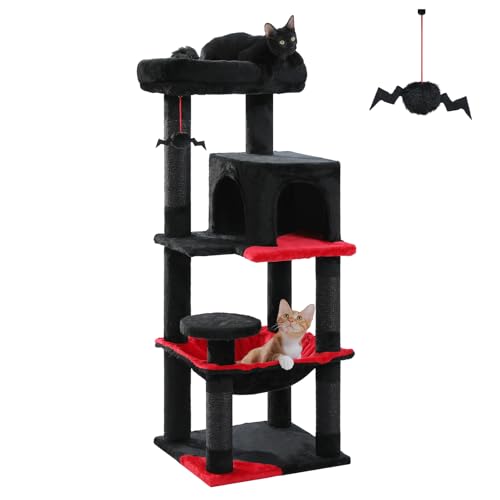 PAWZ Road Katzenbaum 116cm Gothic Halloween Edition, Schwarzer Kratzbaum mit Metall-Plüsch-Hängematte, 2-türigem Geisterhaus Condo, 6 Ebenen Schattenregale großem Thron-Sitzplatz von PAWZ Road