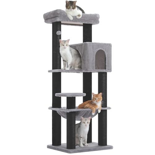 PAWZ Road Katzenbaum mit Metall-Plüsch-Hängematte, Katzenturm für ausgewachsene Katzen mit 2-türigem Condo-Haus, 6-stufige Katzenregale mit Kratzpfosten und großer oberer Sitzstange 147cm, Schwarz von PAWZ Road