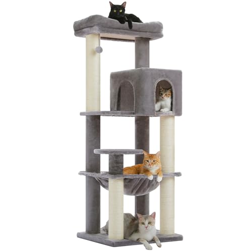 PAWZ Road Katzenbaum mit Metall-Plüsch-Hängematte, Katzenturm für ausgewachsene Katzen mit 2-türigem Condo-Haus, 6-stufige Katzenregale mit Kratzpfosten und großer oberer Sitzstange 147cm, Grau von PAWZ Road