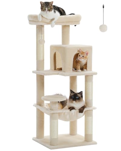 PAWZ Road Katzenbaum mit Metall-Plüsch-Hängematte, Katzenturm für ausgewachsene Katzen mit 2-türigem Condo-Haus, 6-stufige Katzenregale mit Kratzpfosten, großer oberer Sitzstange beige 116cm von PAWZ Road