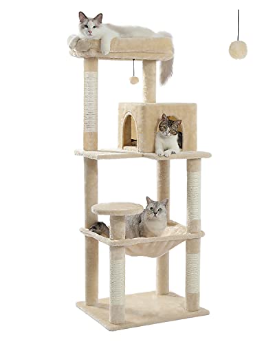 PAWZ Road Katzenbaum mit Metall-Plüsch-Hängematte, Katzenturm für ausgewachsene Katzen mit 2-türigem Condo-Haus, 6-stufige Katzenregale mit Kratzpfosten und großer oberer Sitzstange beige 143cm von PAWZ Road