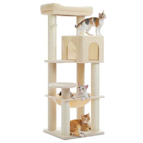 PAWZ Road Katzenbaum mit Metall-Plüsch-Hängematte, Katzenturm für ausgewachsene Katzen mit 2-türigem Condo-Haus, 6-stufige Katzenregale mit Kratzpfosten und großer oberer Sitzstange beige 147cm von PAWZ Road