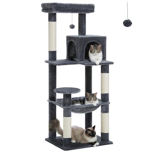 PAWZ Road Katzenbaum mit Metall-Plüsch-Hängematte, Katzenturm mit 2 Condo-Haus, 6-stufige, großer oberer Sitzstange dunkel 143cm von PAWZ Road