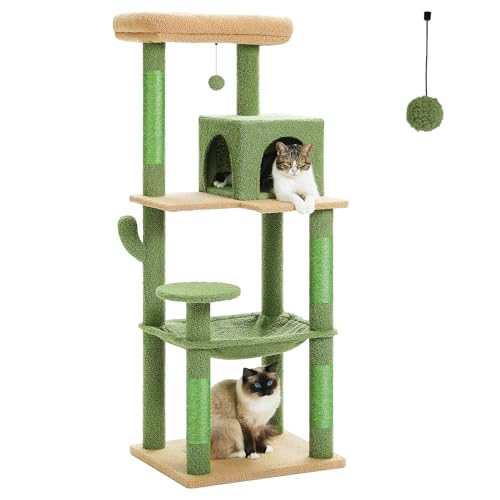 PAWZ Road Katzenbaum mit Metall-Plüsch-Hängematte, Katzenturm mit 2 Condo-Haus 6-stufige, großer oberer Sitzstange grün 143cm von PAWZ Road