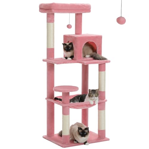 PAWZ Road Katzenbaum mit Metall-Plüsch-Hängematte, Katzenturm für ausgewachsene Katzen mit 2-türigem Condo-Haus, 6-stufige Katzenregale mit Kratzpfosten und großer oberer Sitzstange rosa 143cm von PAWZ Road