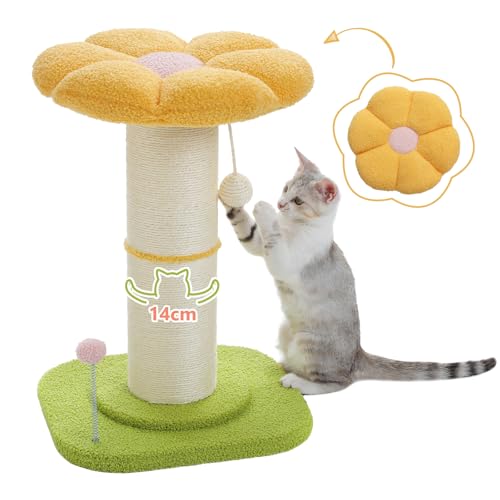 PAWZ Road Blume Katzenkratzbaum, hoher Katzenkratzbaum für Indoor-Katzen mit super dickem Kratzbaum [Dia=14cm], Abnehmbares Flauschiges Katzenbett, Katzenkratzbaum mit Federball, Gelb von PAWZ Road