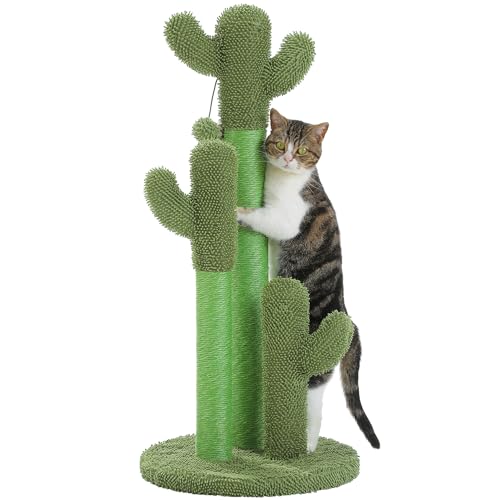 PAWZ Road Katzenkratzbaum 89 cm, hoher Kratzbaum mit natürlichen Sisal-Kratzsäulen und hängenden Katzenspielbällen für große Katzen, Grün von PAWZ Road