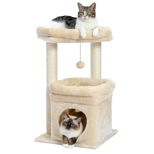 PAWZ Road Kleiner Katzenbaum, mehrstöckiger Katzenturm mit Sisal-überzogenem Kratzbaum, gemütlicher Katzenwohnung und großer Katzensitzstange für Hauskatzen, Beige von PAWZ Road