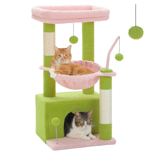 PAWZ Road Kleiner Katzenbaum Katzenbaum für Indoor-Katzen mit Hängematte, Katzenturm mit Sisal-überzogenem Kratzbaum, großer oberer Sitzstange, Katzenkratzbaum, Rosa 83 cm von PAWZ Road