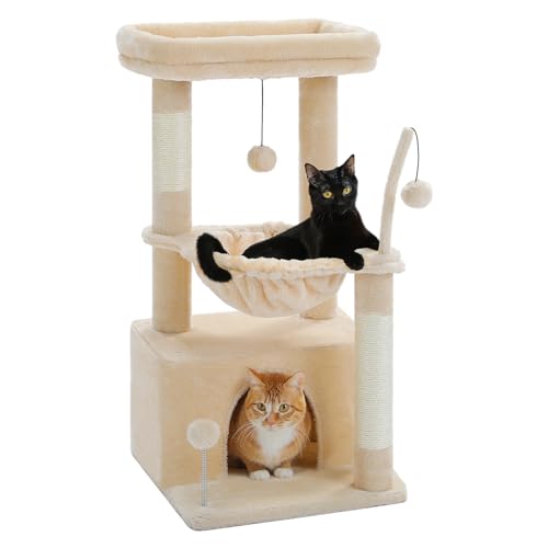 PAWZ Road Kleiner Katzenbaum für Indoor-Katzen mit Hängematte, Katzenturm mit Sisal-überzogenem Kratzbaum, großer oberer Sitzstange, Katzenkratzbaum, Beige 83 cm von PAWZ Road