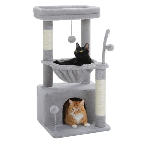 PAWZ Road Kleiner Katzenbaum für Indoor-Katzen mit Hängematte, Katzenturm mit Sisal-überzogenem Kratzbaum, großer oberer Sitzstange, Katzenkratzbaum, Grau 83 cm von PAWZ Road