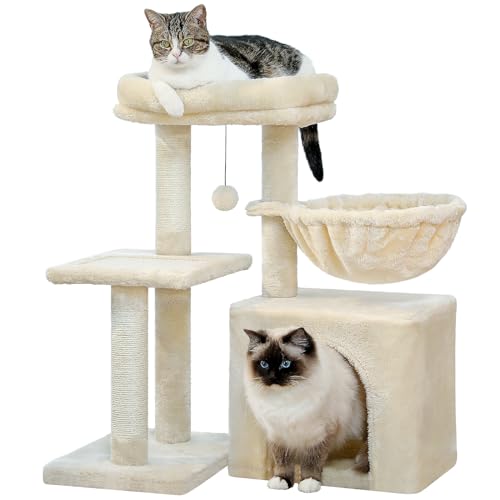 PAWZ Road Kratzbaum, Kleiner Katzenturm [73cm] mit großer Hängematte, 2 Arten von Katzen Aktivität Baum mit Sisal Katze Kratzbaum, interaktive Danging Ball für Indoor-Katzen, Beige von PAWZ Road