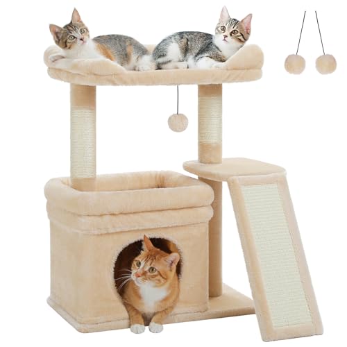 PAWZ Road Kleiner Kratzbaum für Indoor-Katzen, 68 cm, mit großer Sitzstange oben und Sisal-Kratzbaum, Katzenturm mit gemütlicher Höhle, Scrtaching Board und baumelndem Ball, Beige von PAWZ Road