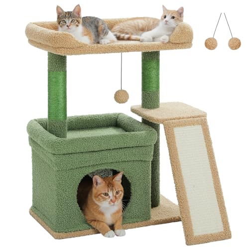 PAWZ Road Kleiner Kratzbaum für Indoor-Katzen, 68 cm, mit großer Sitzstange oben und Sisal-Kratzbaum, Katzenturm mit gemütlicher Höhle, Scrtaching Board und baumelndem Ball, Grün von PAWZ Road