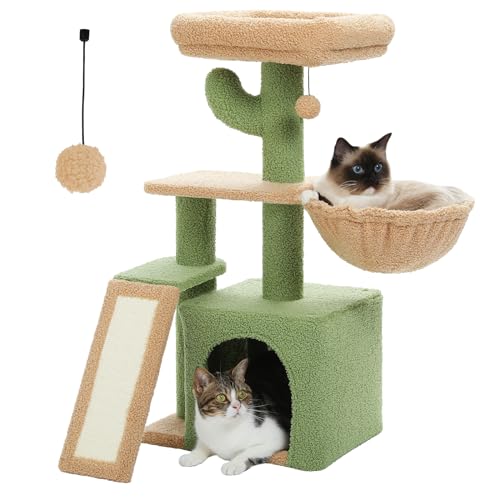 PAWZ Road Kleiner Kratzbaum mit Kratzmatte und großer Hängematte, Katzenturm mit Höhle, Kaktus-Katzenturm, bequemer Korb für Indoor-Katzen, 80 cm, Grün von PAWZ Road