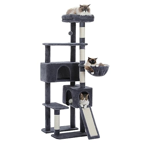 PAWZ Road Kratzbaum, 154 cm Katzenturm mit Doppel-Katzenhaus, geräumiger Sitzstange, gemütlichem Korb und sisalbeschichteten Kratzbäumen für Hauskatzen, Dunkelgrau von PAWZ Road