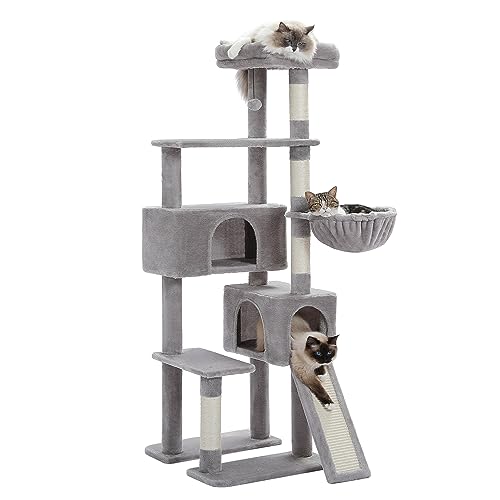 PAWZ Road Kratzbaum, 154 cm Katzenturm mit Doppel-Katzenhaus, geräumiger Sitzstange, gemütlichem Korb und sisalbeschichteten Kratzbäumen für Hauskatzen, Grau von PAWZ Road