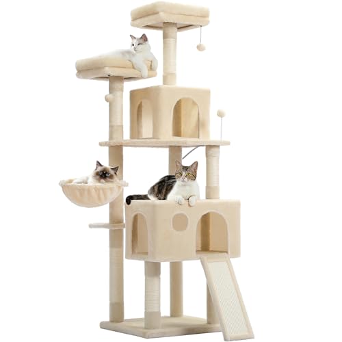 PAWZ Road Kratzbaum 162 cm – Katzenbaum für große Katzen mit Sisal-Kratzsäulen, großer Hängematte, 2 Liegeplätzen & austauschbaren Spielbällen Beige von PAWZ Road
