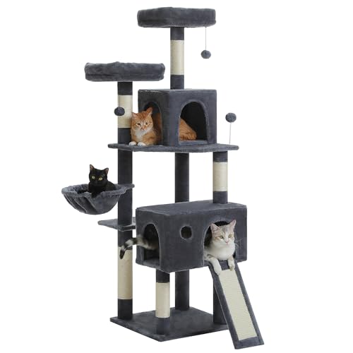 PAWZ Road Kratzbaum 162 cm – Katzenbaum für große Katzen mit Sisal-Kratzsäulen, großer Hängematte, 2 Liegeplätzen & austauschbaren Spielbällen Dunkelgrau von PAWZ Road