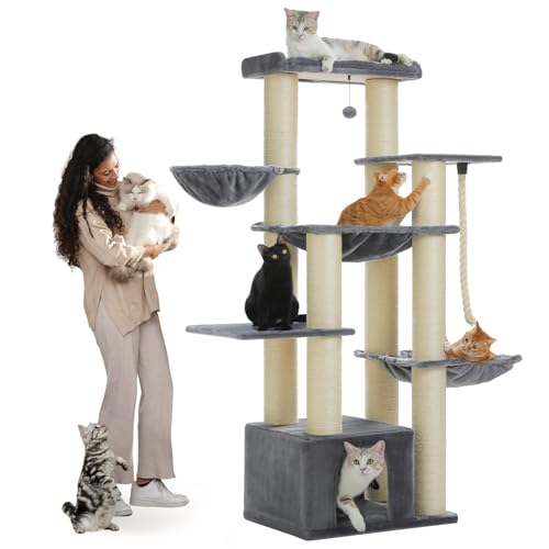 PAWZ Road Kratzbaum Große Katzen stabil mit Mehreren Ebenen, Hängematte,13 Sisalpfosten(φ11cm), Großer Sitzstange, Höhle, Körben, Kratzbaum XXL 170cm, Grau von PAWZ Road