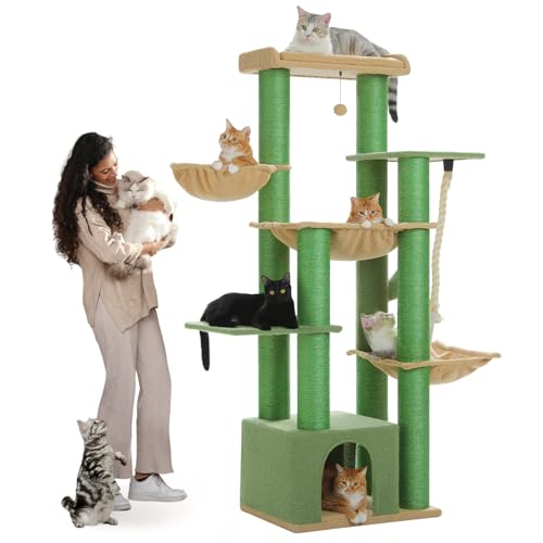 PAWZ Road Kratzbaum Große Katzen stabil mit Mehreren Ebenen, Hängematte,13 Sisalpfosten(φ11cm), Großer Sitzstange, Höhle, Körben, Kratzbaum XXL 170cm, Grün von PAWZ Road