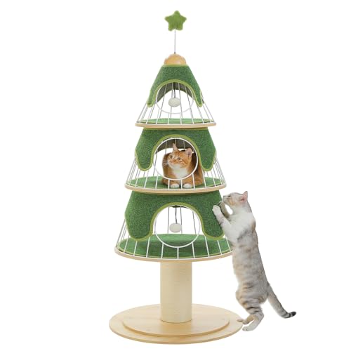 PAWZ Road Kratzbaum Weihnachten, 130 cm, Katzenturm mit 14 cm Sisalüberzogenem Kratzbaum und 3 großen Katzenhütten, großer Kratzbaum für Hauskatzen, Grün von PAWZ Road