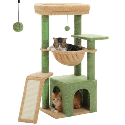 PAWZ Road Kaktus-Katzenbaum für Hauskatzen mit super großer Höhle, 1 Sisalbrett, 3 Kratzstämme, mit großer Hängematte und Sitzstange, 90 cm, Grün von PAWZ Road