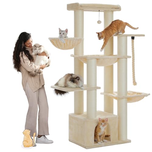 PAWZ Road Kratzbaum für große Katzen, robuster mehrstufiger Katzenturm, Katzenhaus Kletterbaum mit Hängematte, 11 Kratzstämme, große Sitzstange, Höhle, Körbe, 169 cm, Beige PAWZ Road Kratzbaum für große Katzen, robuster mehrstufiger Katzenturm, Katzenhaus Kletterbaum mit Hängematte, 11 Kratzstämme, große Sitzstange, Höhle, Körbe, 169 cm, Beige von PAWZ Road